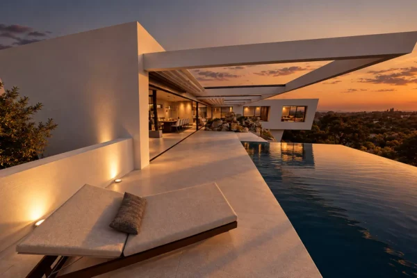 Render de la terraza de CASA ÁTICO con piscina infinity y conexión directa con el interior de la vivienda.