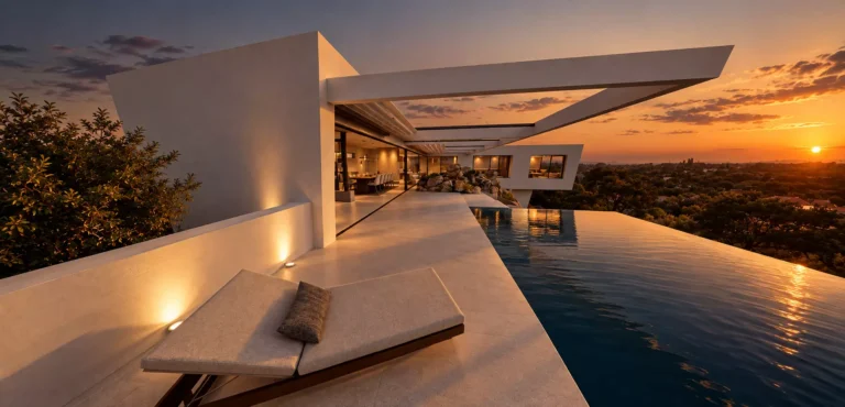 Render de la terraza de CASA ÁTICO con piscina infinity y conexión directa con el interior de la vivienda.