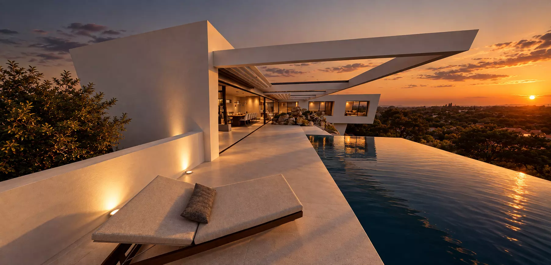 Render de la terraza de CASA ÁTICO con piscina infinity y conexión directa con el interior de la vivienda.